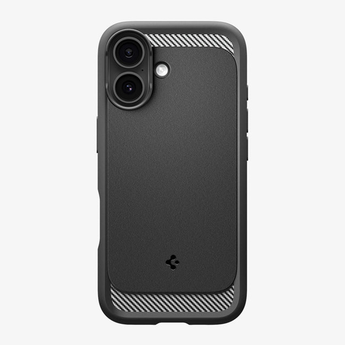 Zwarte telefoonhoes met cameralenzen en een patroon aan de boven- en onderkant. De hoes heeft een getextureerd oppervlak en een logo.
