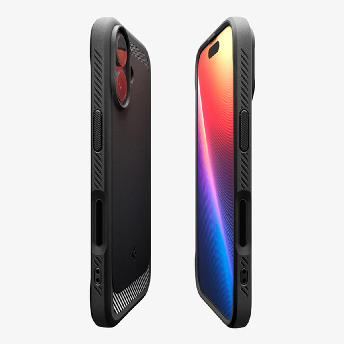 Twee zwarte smartphones in hoesjes, zijaanzicht. Eén toont een kleurrijk scherm, de ander heeft cameralenzen. Witte achtergrond.