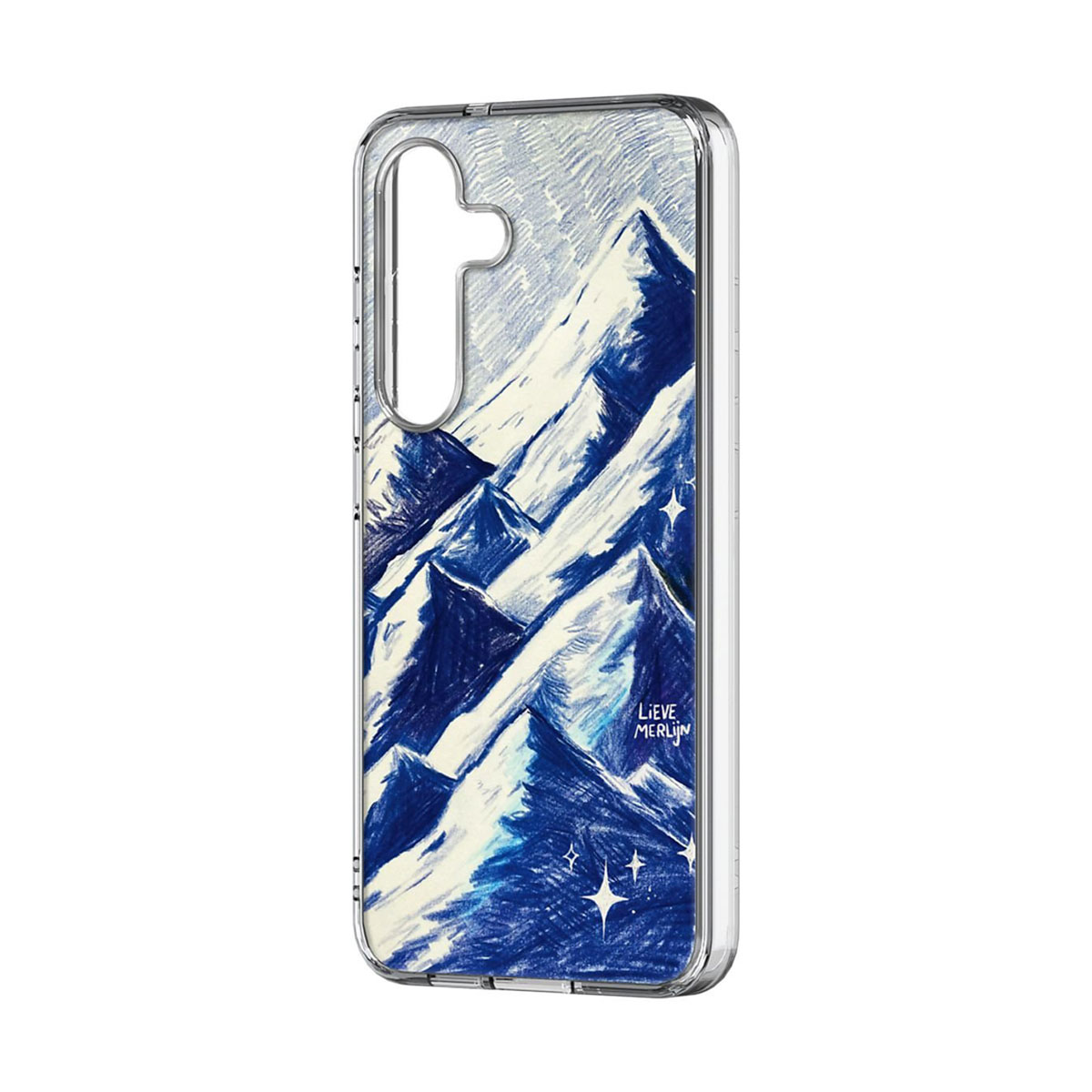 Una funda de teléfono con una escena de montaña. Dibujo a lápiz azul y blanco de montañas nevadas, con estrellas y el nombre 'LIEVE MERLIJN'.
