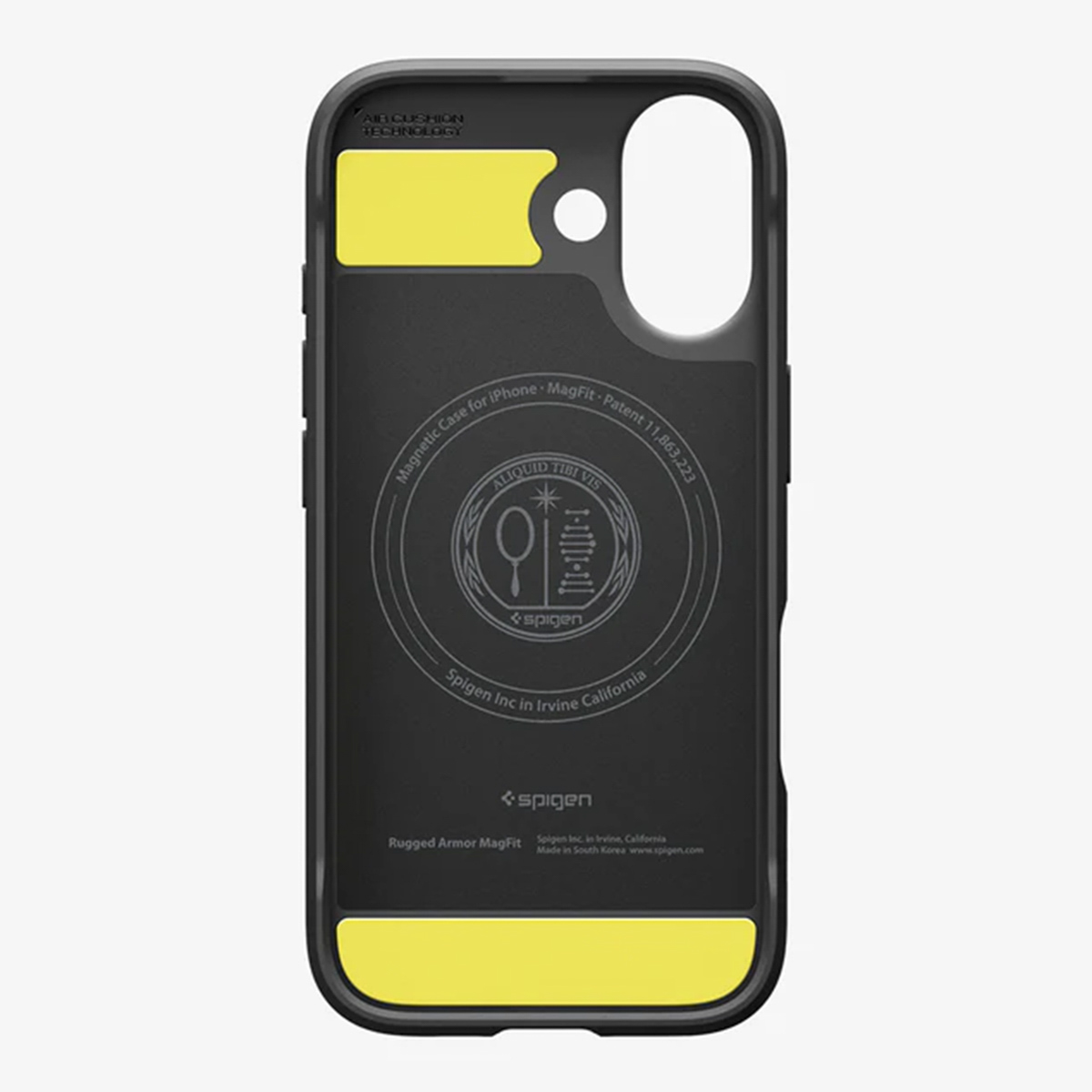 Zwarte telefoonhoes met gele accenten. Voorzien van het Spigen-logo en tekst. Toont tekst over Air Cushion Technology en MagFit.