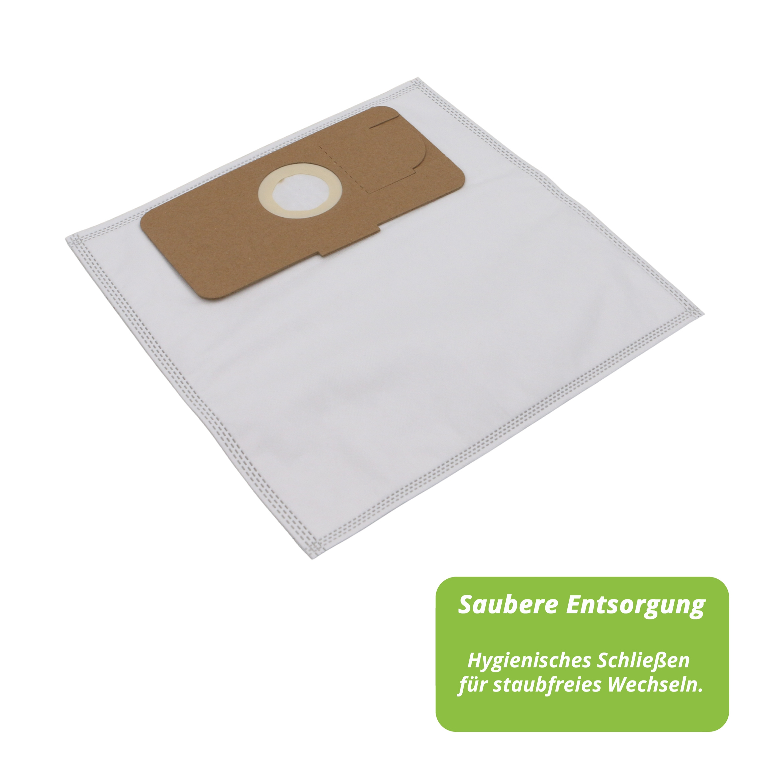 Ein weißer Staubsaugerbeutel mit einem braunen Kartonfilter. Text auf grüner Box: Hygienischer Verschluss für staubfreien Wechsel.