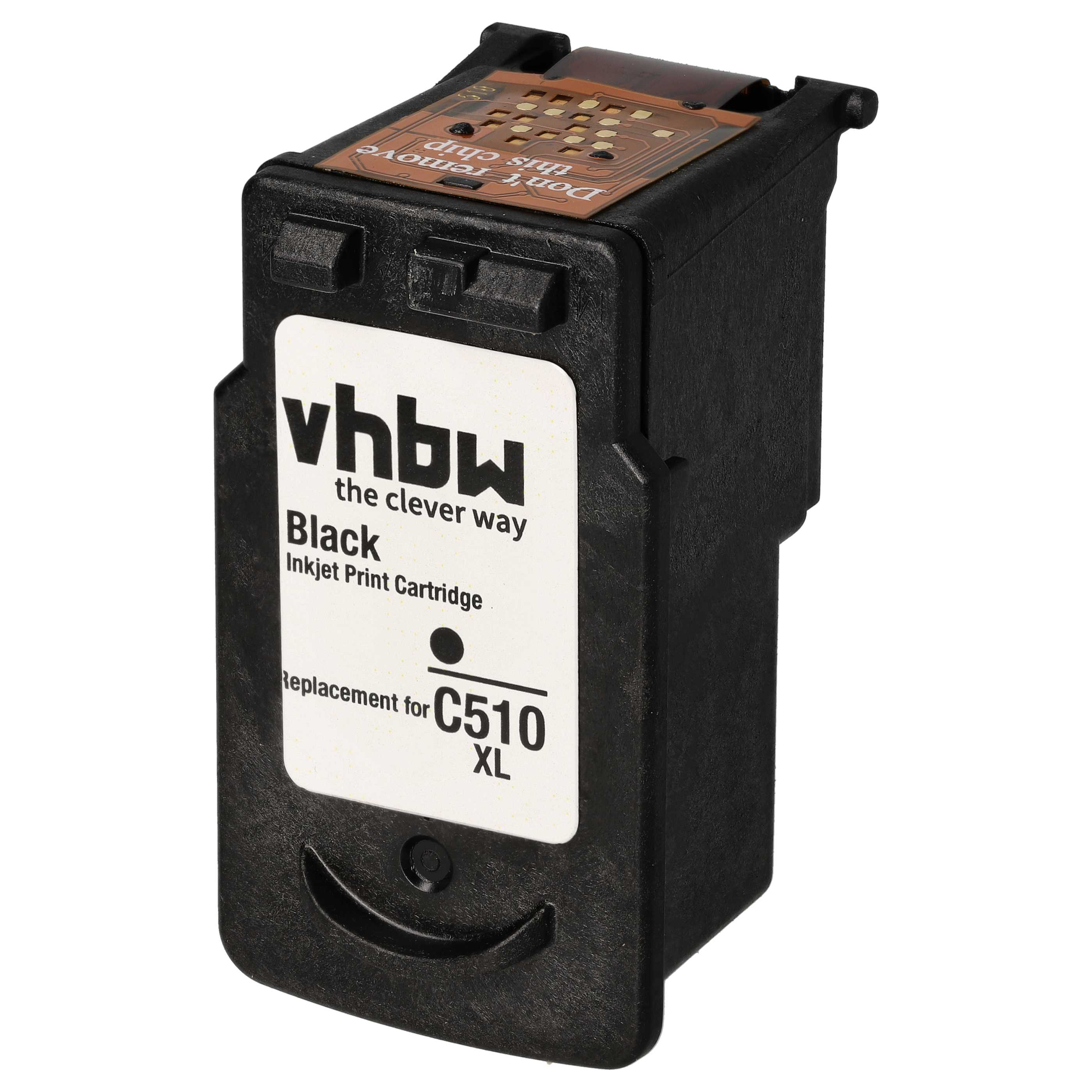 Schwarze Tintenpatrone mit weißem Etikett, Aufschrift "vhbw" und "Black Inkjet Print Cartridge". Etikett zeigt Ersatz für C510 XL.