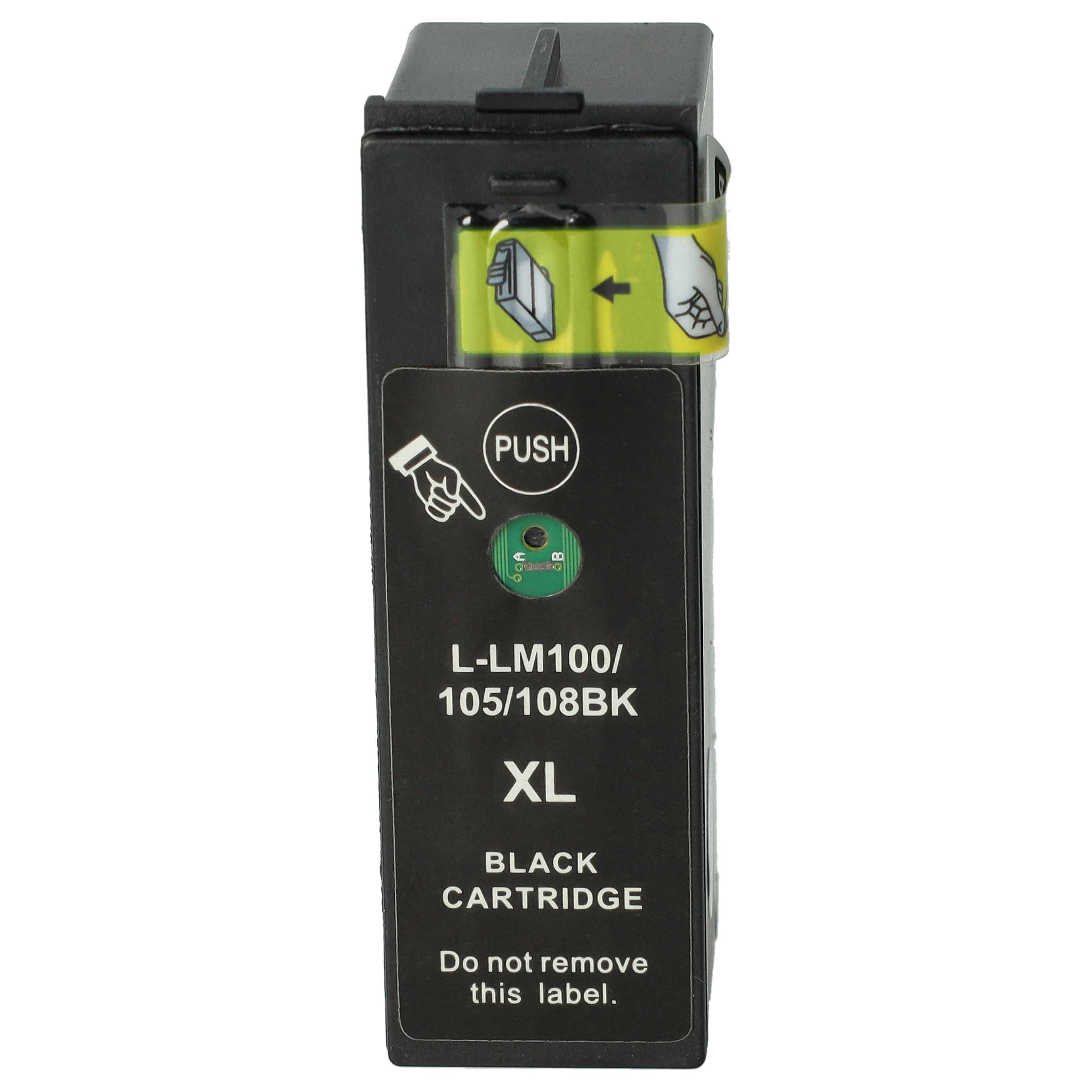 Schwarze Tintenpatrone mit Druckknopf. Enthält Text: L-LM100/105/108BK, XL und BLACK CARTRIDGE. Weißer Hintergrund.