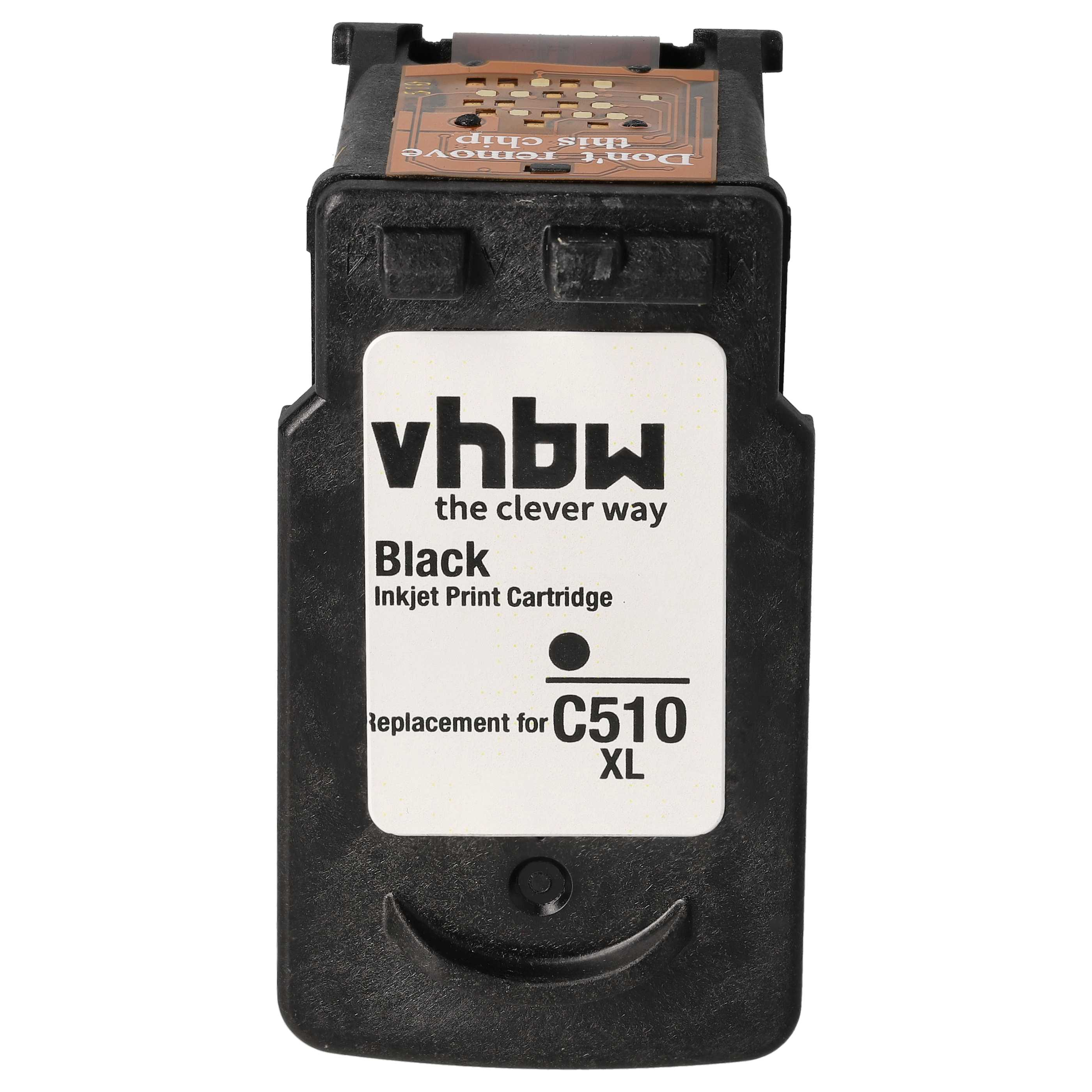 Eine schwarze Tintenpatrone mit weißem Etikett und Text, darunter 'vhbw' und 'Black'.