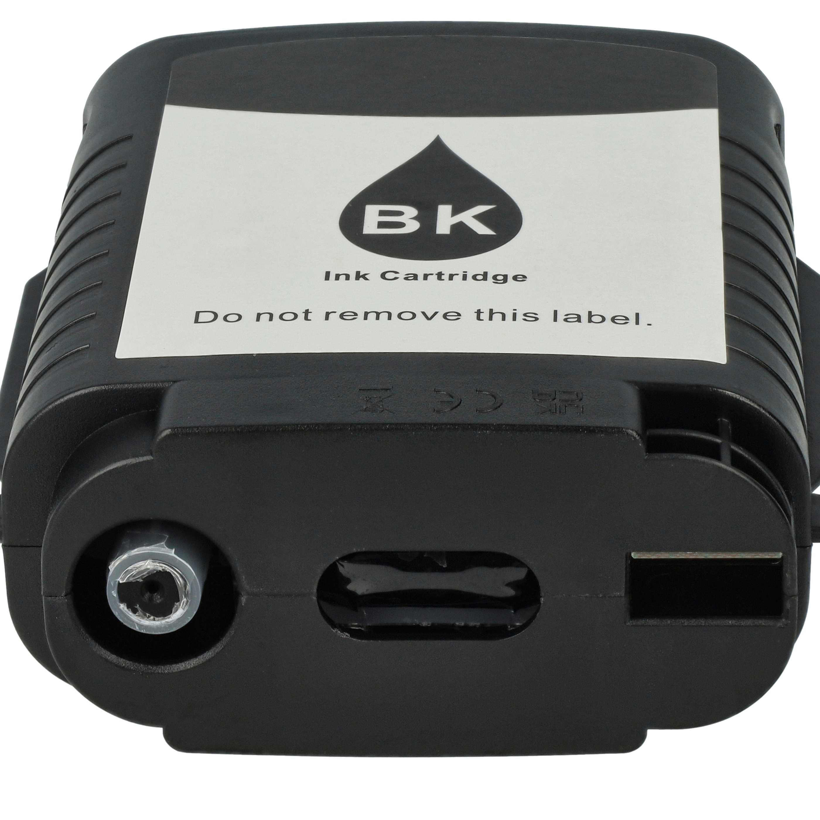 Eine schwarze Tintenpatrone mit weißem Etikett. Das Etikett lautet: 'BK Ink Cartridge' und 'Do not remove this label'.