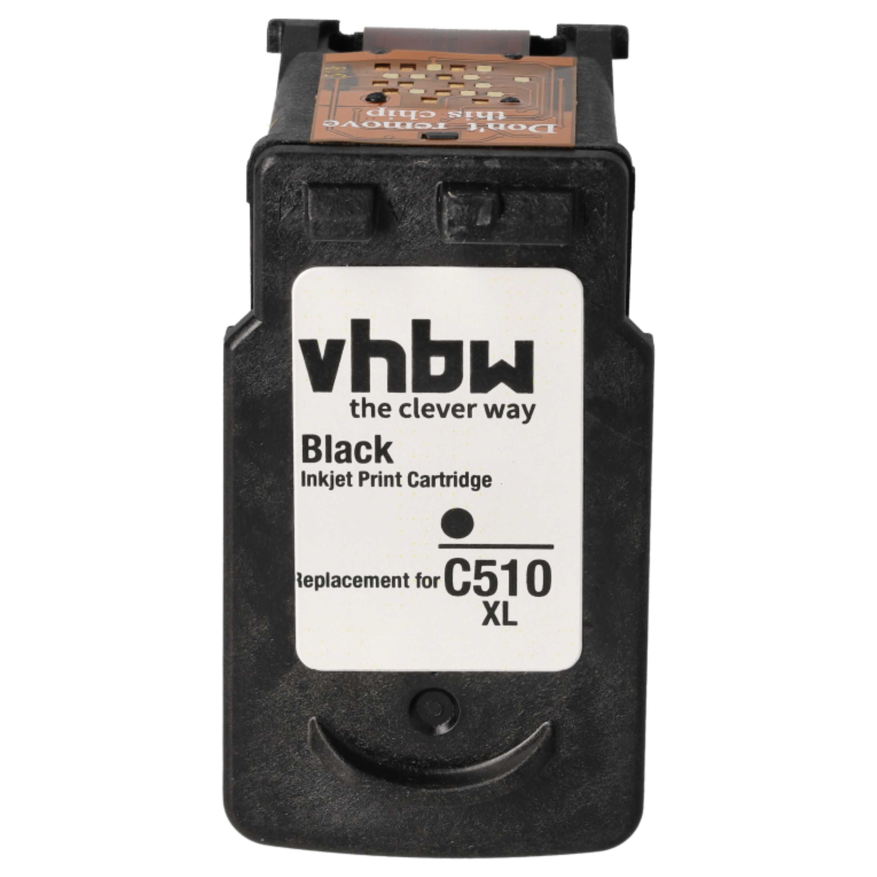Schwarze Tintenpatrone. Das Etikett sagt vhbw, Schwarz, Ersatz für C510 XL. Oben befindet sich ein Chip.