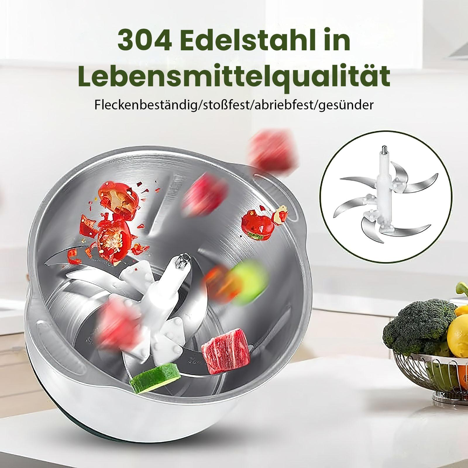 Ein Foodprocessor mit gehacktem Gemüse. Rote Paprika, grüne Gurke und Fleisch sind enthalten. Ein Diagramm zeigt die Klingen.