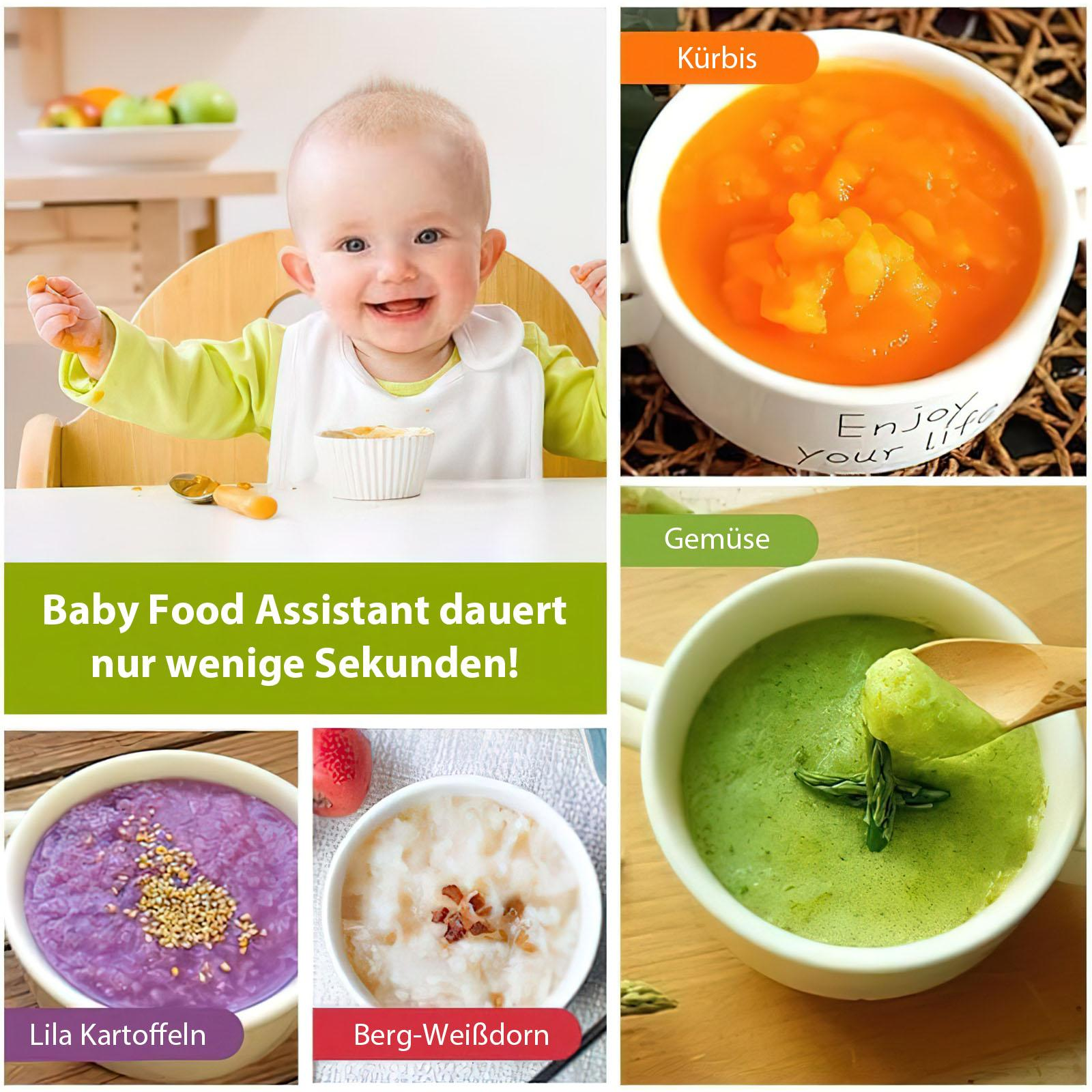 Ein Baby lächelt, mit Essensproben und Text: Baby Food Assistant dauert nur Sekunden. Suppen und Pürees werden gezeigt.