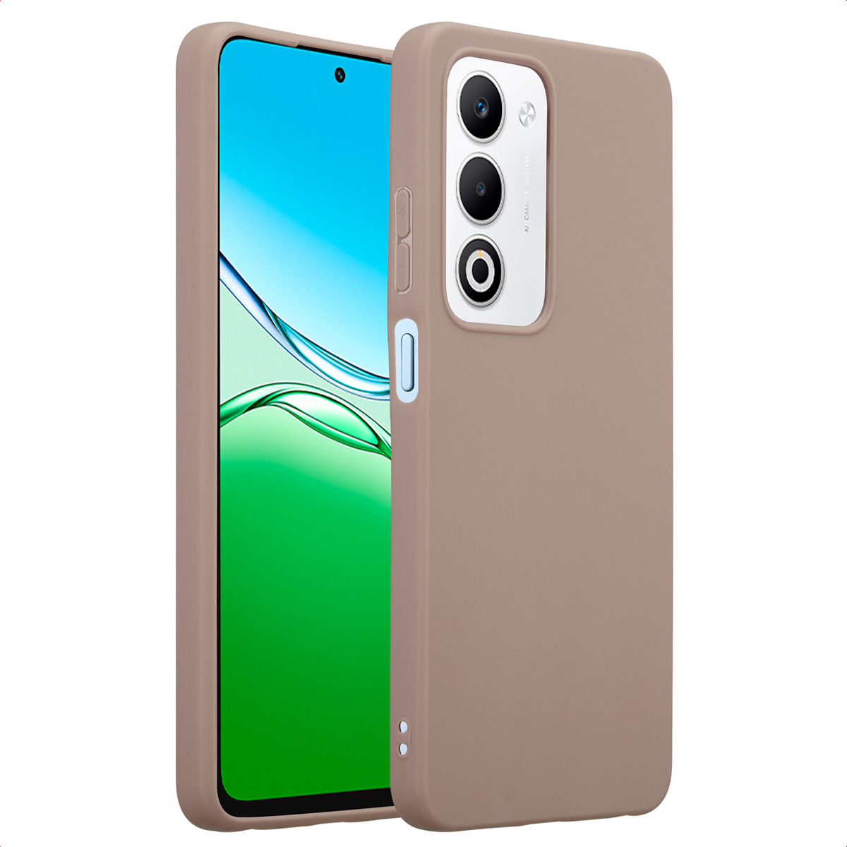 Een telefoon in een bruine hoes. Het scherm toont een golfpatroon. De hoes heeft drie cameralenzen en een flitser.