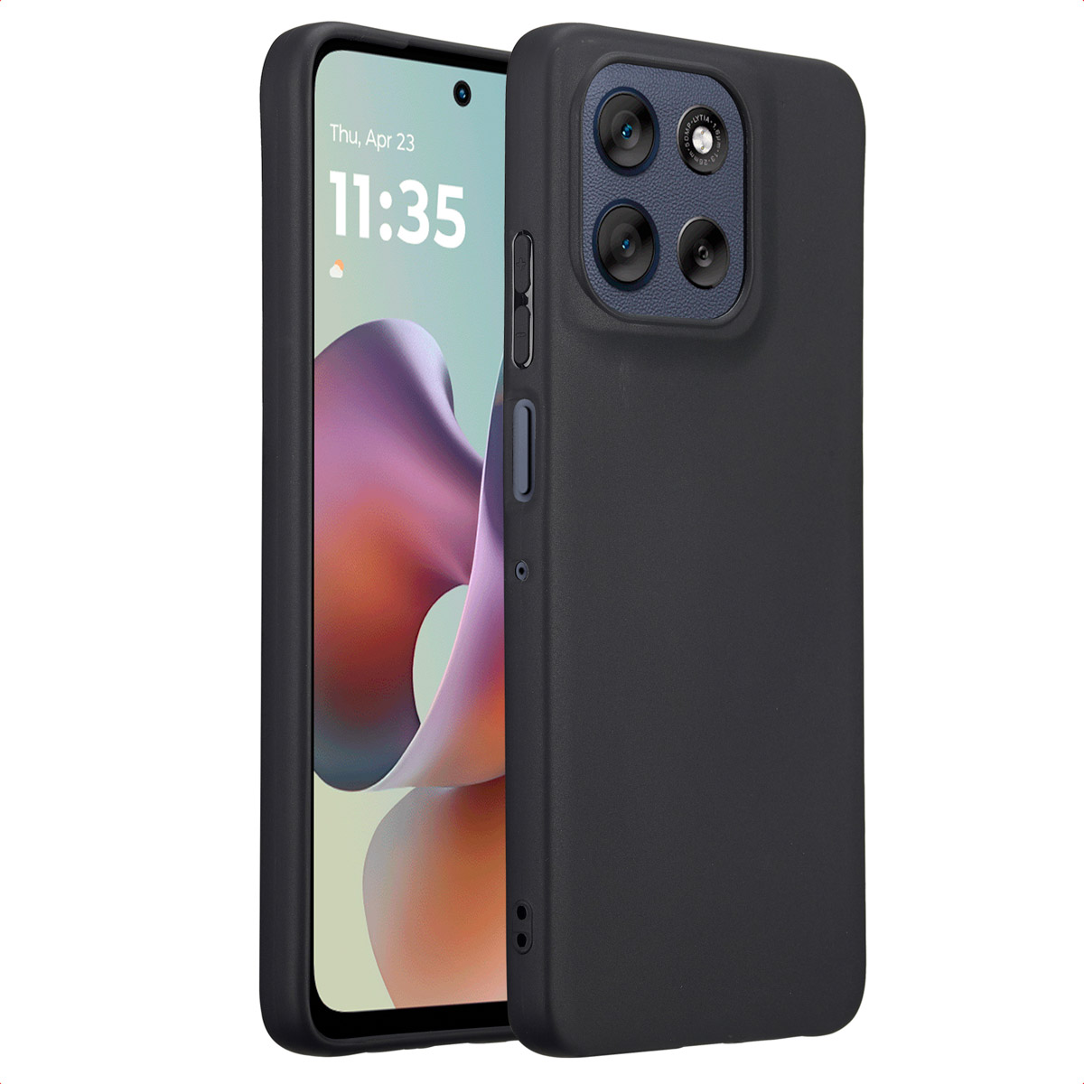 Een zwarte telefoon met een hoesje. Het scherm toont de datum en tijd. De telefoon heeft meerdere camera's aan de achterkant.