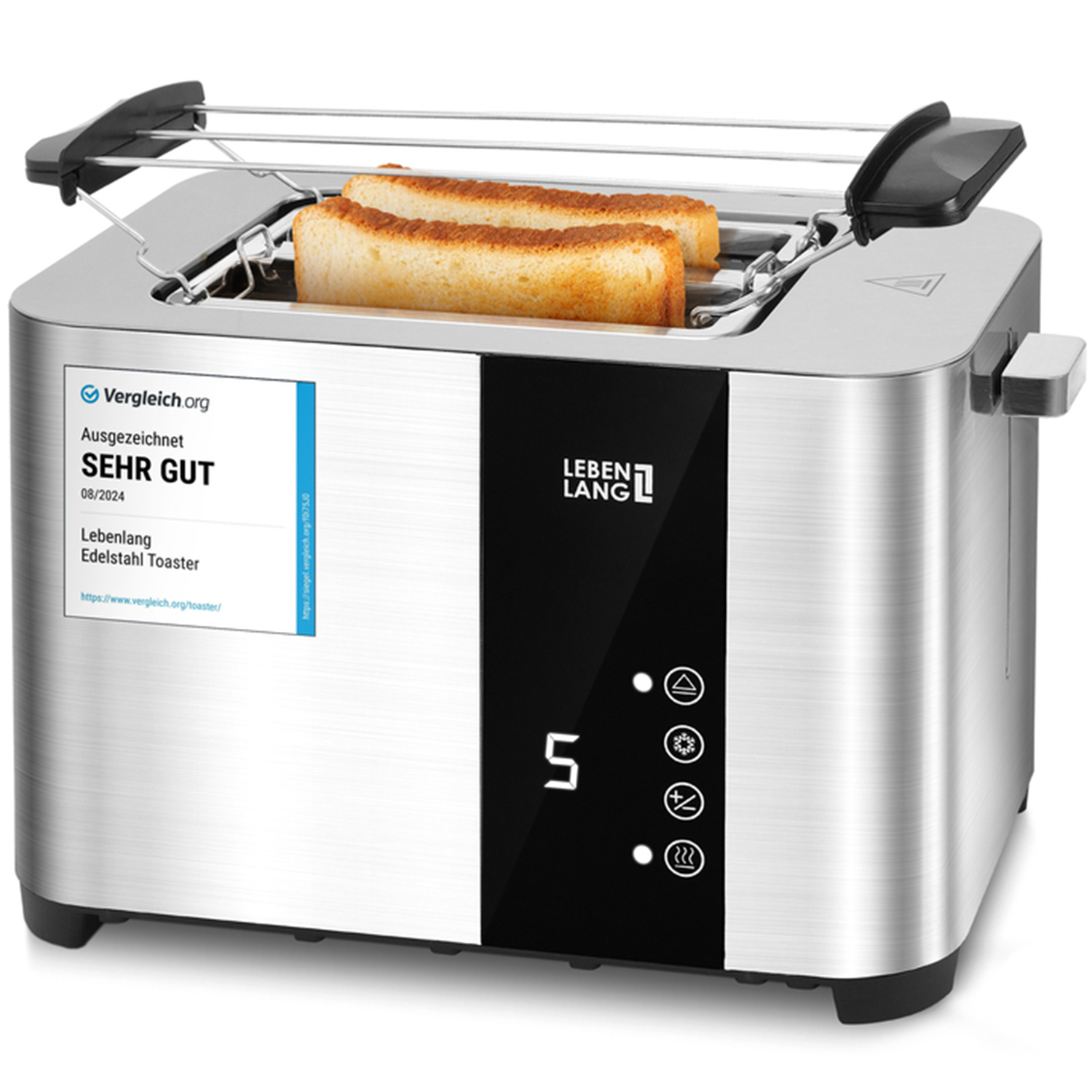 Ein Edelstahl-Toaster mit zwei Toastscheiben. Er hat eine schwarze Blende mit Einstellungen und einer Digitalanzeige. Ein Etikett sagt 'SEHR GUT'.