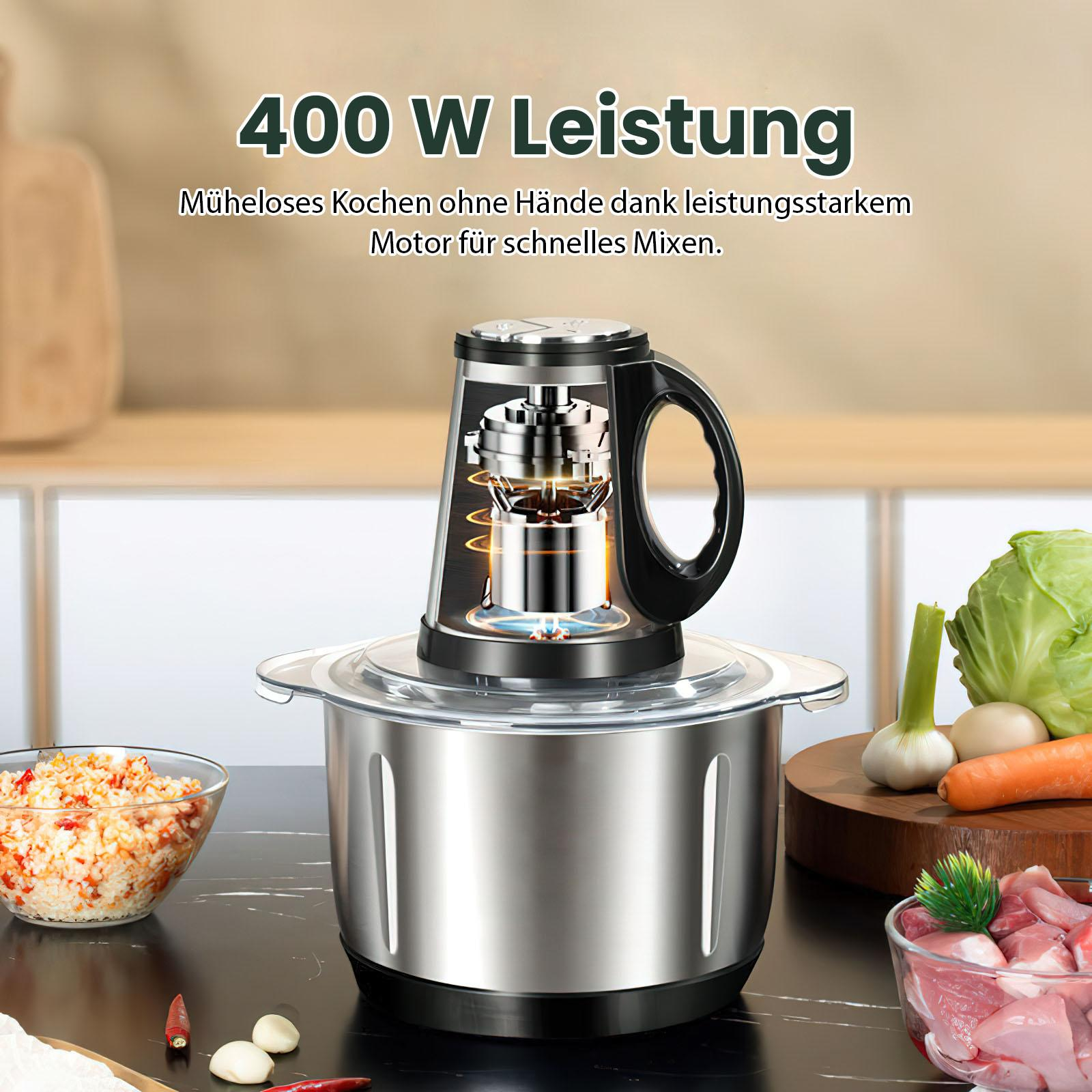 Lebensmittelverarbeiter mit Gemüse und Fleisch. Gehacktes Essen in Glasschalen. 400W Leistung steht oben.