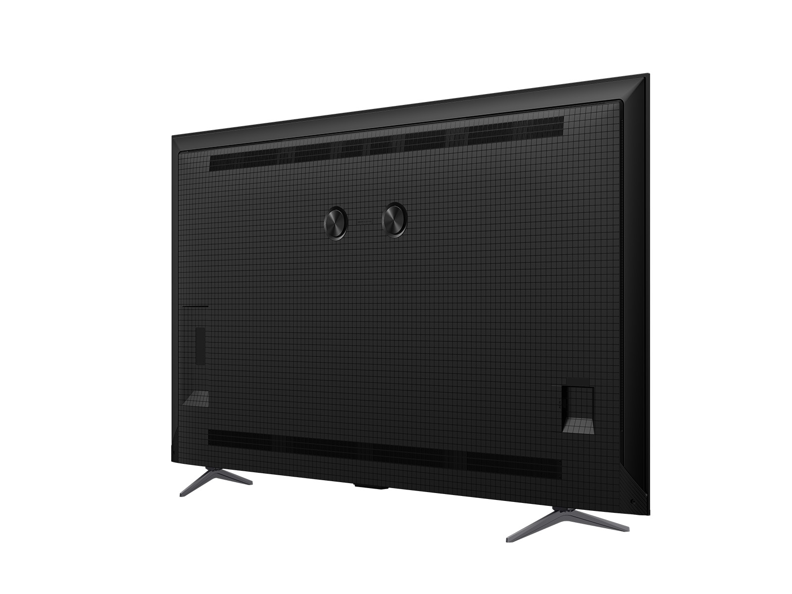 Vista trasera de un televisor negro. Tiene una textura similar a una cuadrícula y dos puertos circulares. El televisor está sobre soportes, con fondo blanco.