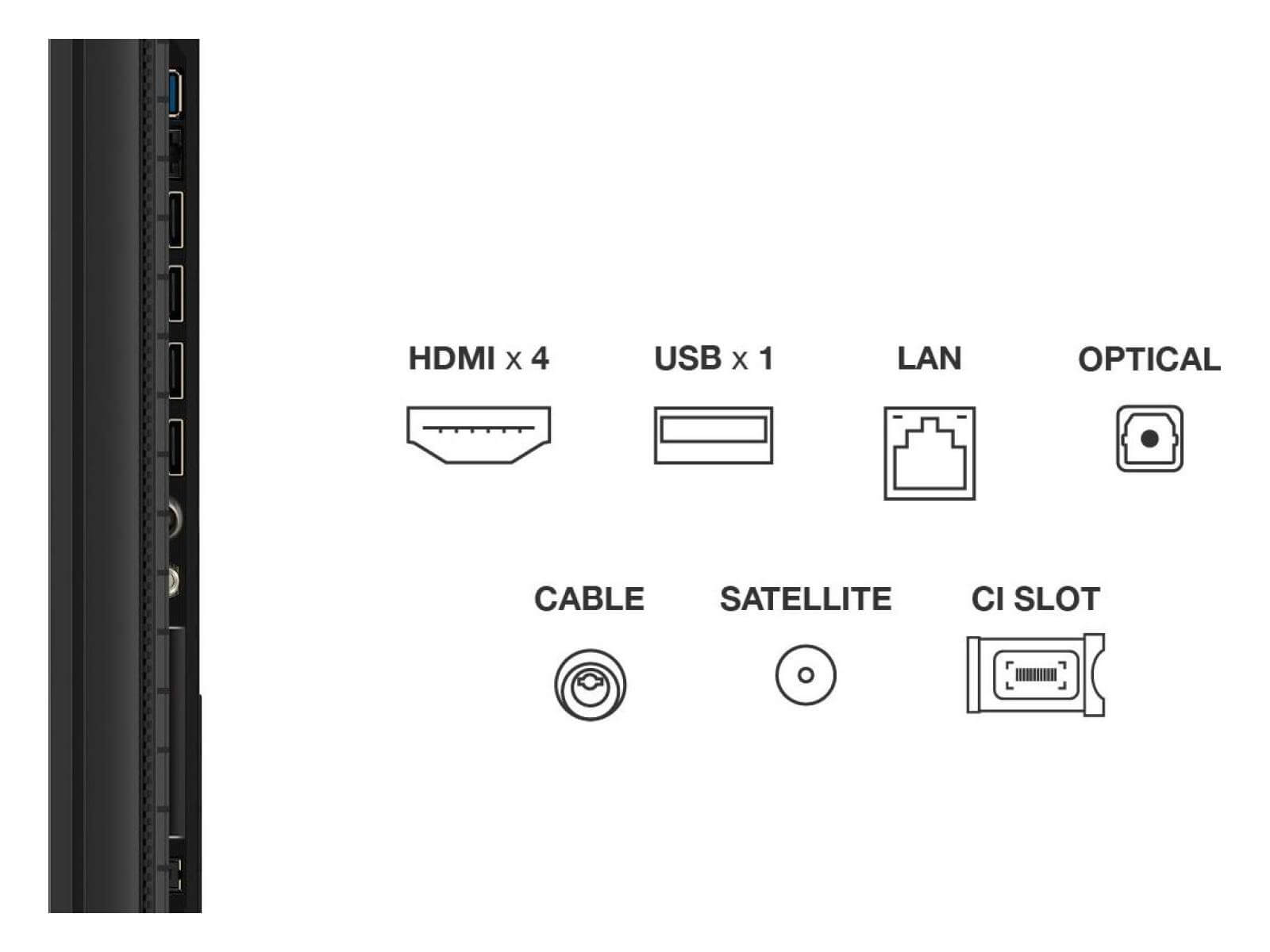 Puertos de TV: HDMI x 4, USB x 1, LAN, Óptico, Cable, Satélite y ranura CI. Lado del televisor con puertos sobre fondo blanco.