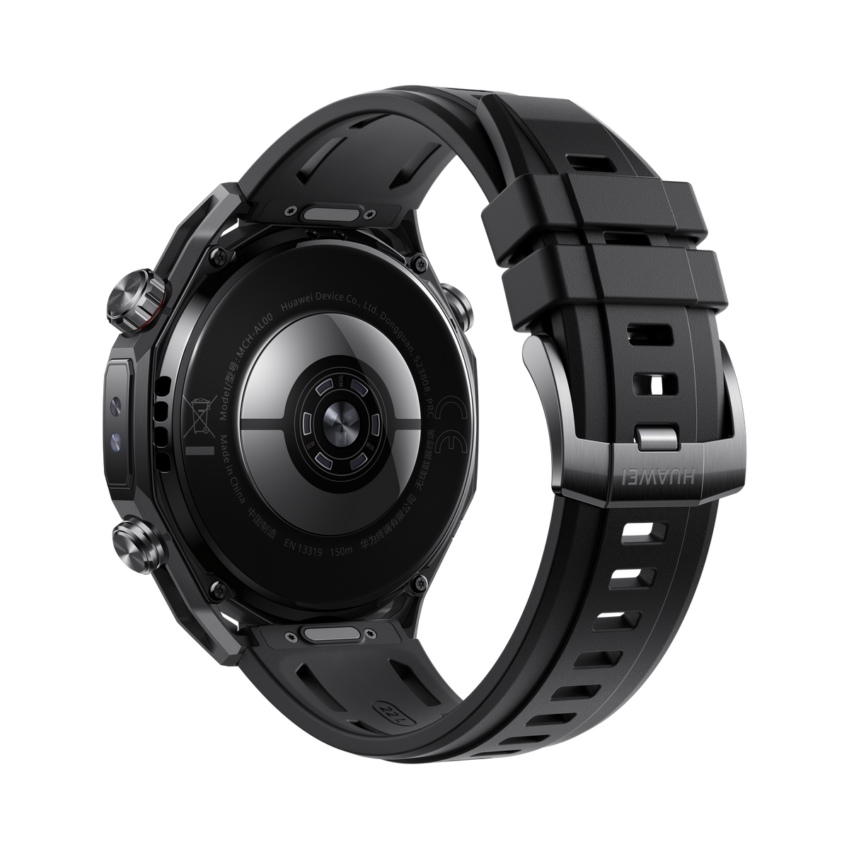 Black Huawei smartwatch, back view. Shows sensor, band, and clasp. Text includes 'Huawei' and 'Made in China'.