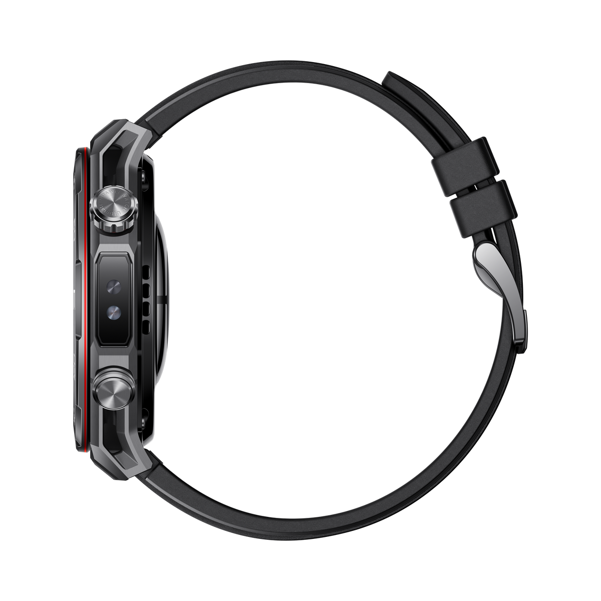 A side view of a smartwatch. It has a black strap and casing with red accents. Two buttons and a screen are visible. Black background.