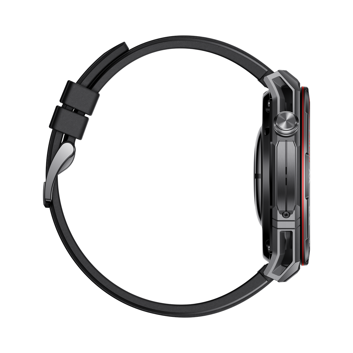 Side view of a smartwatch. Black band, gray case with red accents, and a black screen. The background is black.