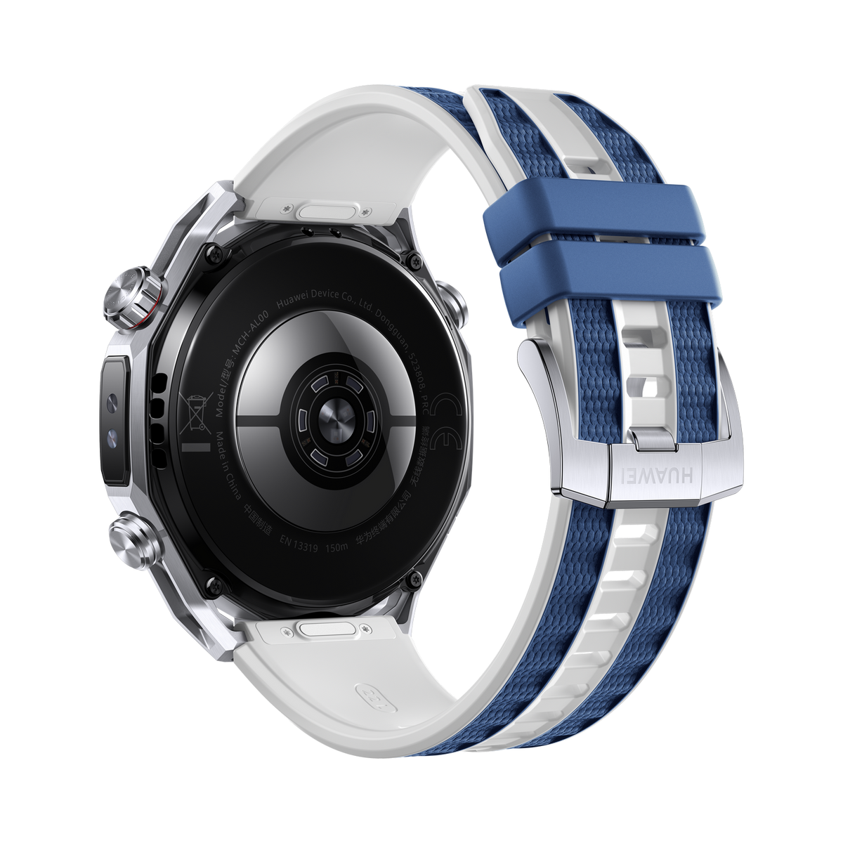 Smartwatch Huawei, srebrna obudowa, biało-niebieski paskiem w paski. Tył zegarka jest czarny ze szczegółami. Tło jest czarne.