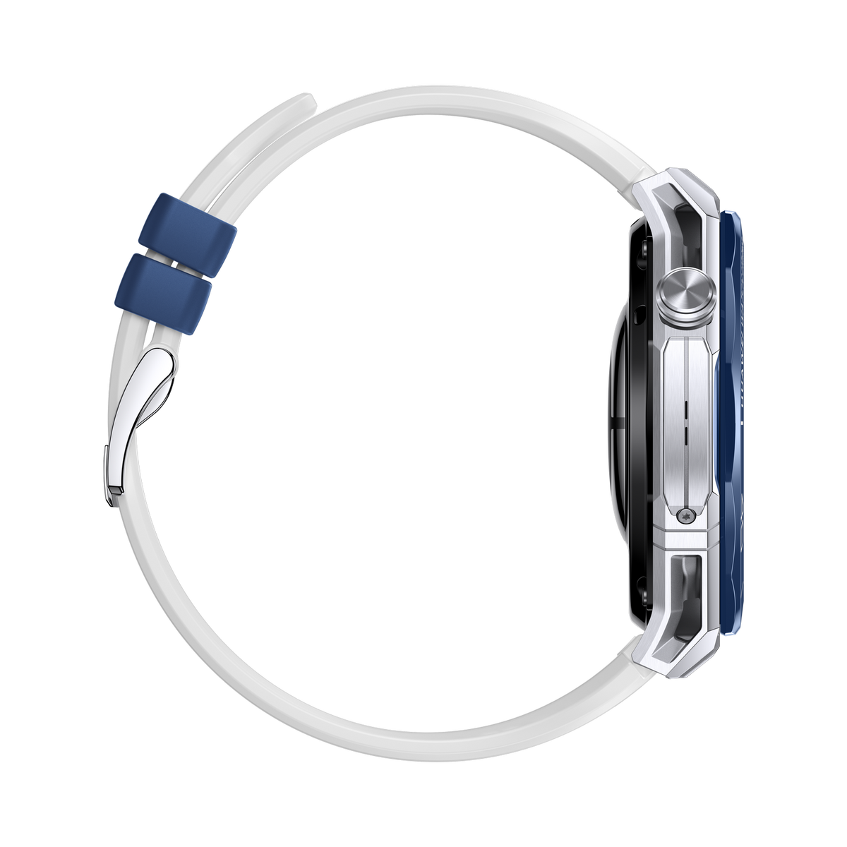 Widok z boku smartwatcha z białym paskiem i granatowymi akcentami. Tarcza zegarka jest czarna, a obudowa srebrna.