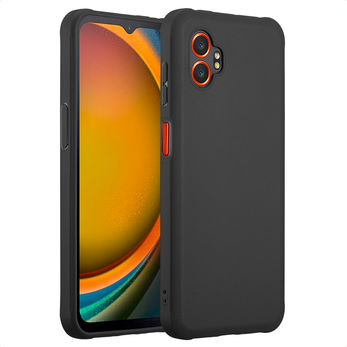 Zwarte telefoonhoes met oranje accenten, met het scherm van de telefoon met een oranje en gele gradiënt.