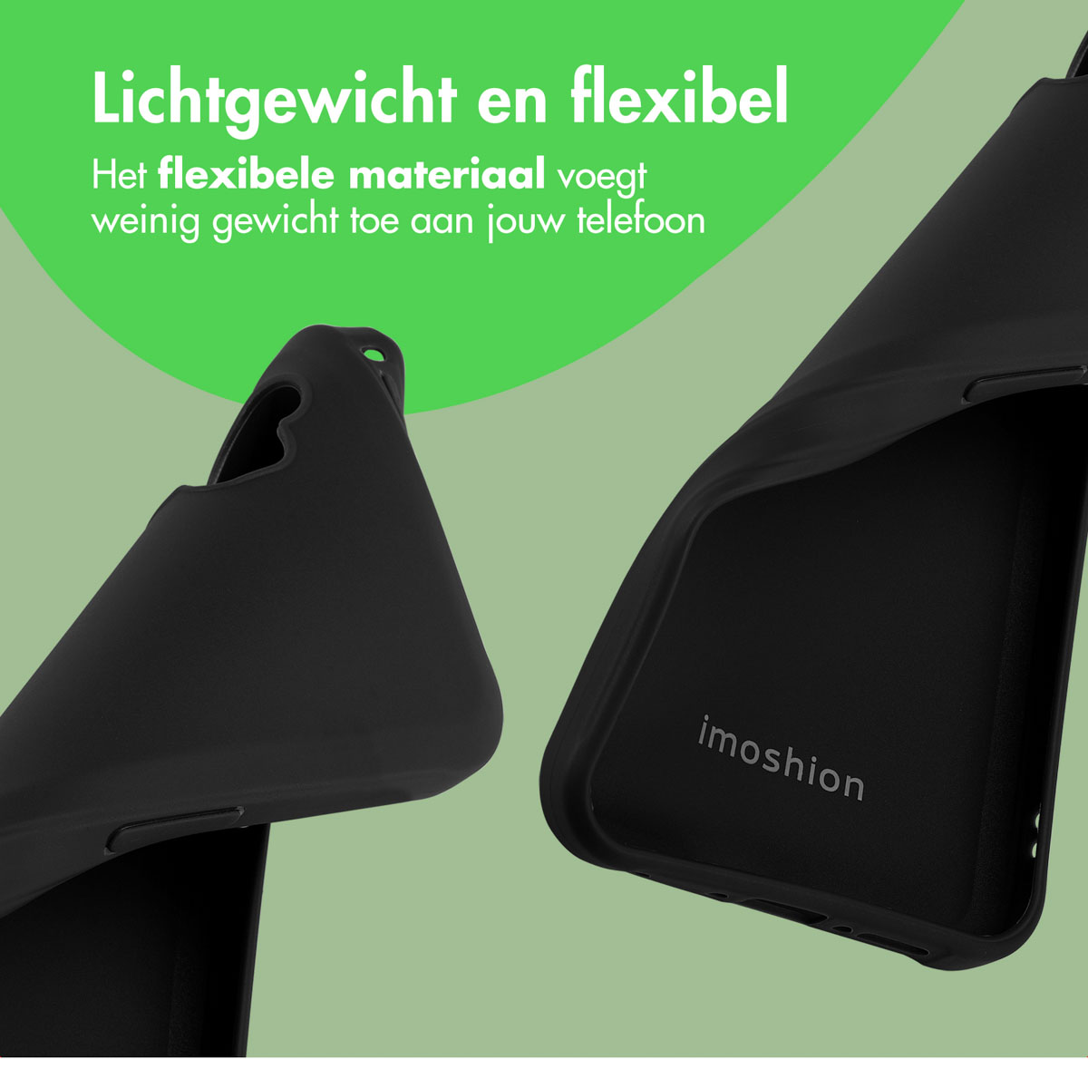 Twee zwarte telefoonhoesjes op een groene achtergrond, die aan de rechterkant heeft de merknaam 'imoshion'.