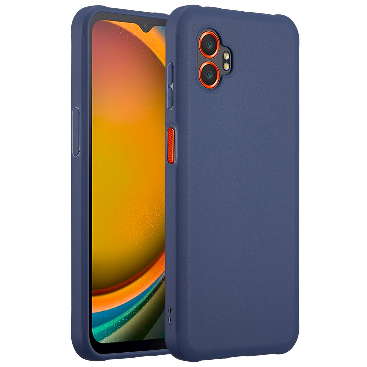 Een marineblauwe telefoonhoes met oranje cameraringen en een telefoon met een oranje en geel scherm.