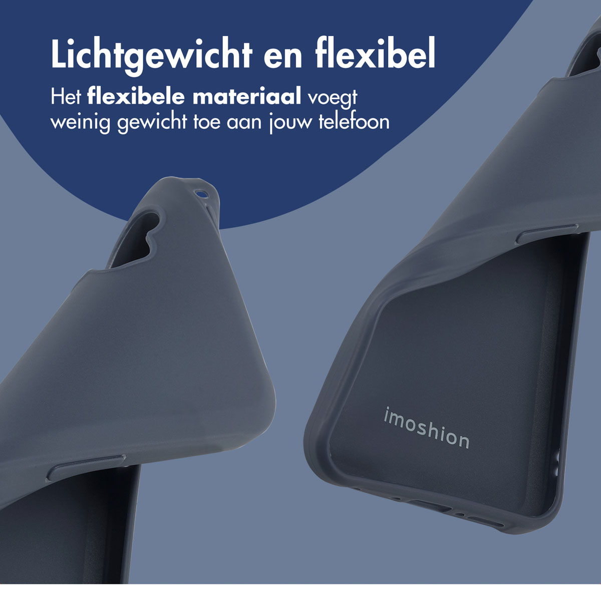 Twee flexibele, donkergrijze telefoonhoesjes. Eén is gebogen en toont de flexibiliteit. Tekst: 'Lichtgewicht en flexibel'.