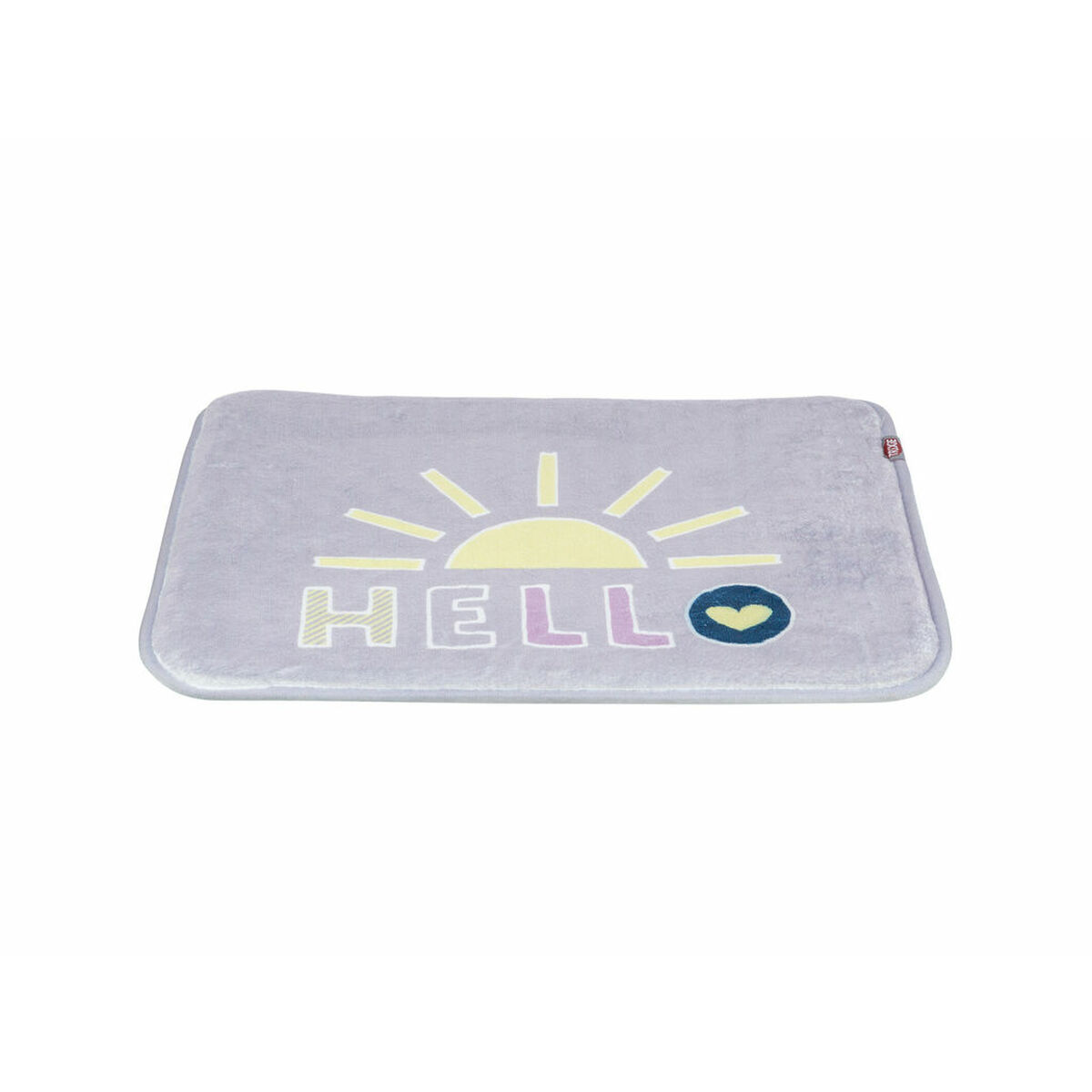 Un tappeto rettangolare grigio con un disegno di sole giallo e la scritta "HELLO" in verde chiaro. C'è anche un cuore blu sul tappeto.