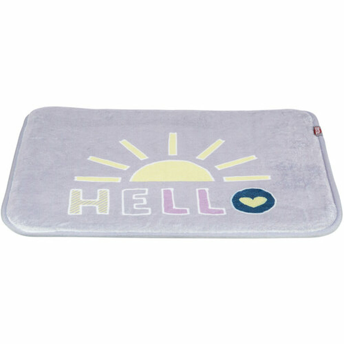 Un tappeto rettangolare, viola chiaro, con una grafica solare e la parola "HELLO". Il sole è giallo con raggi gialli e un cuore blu.