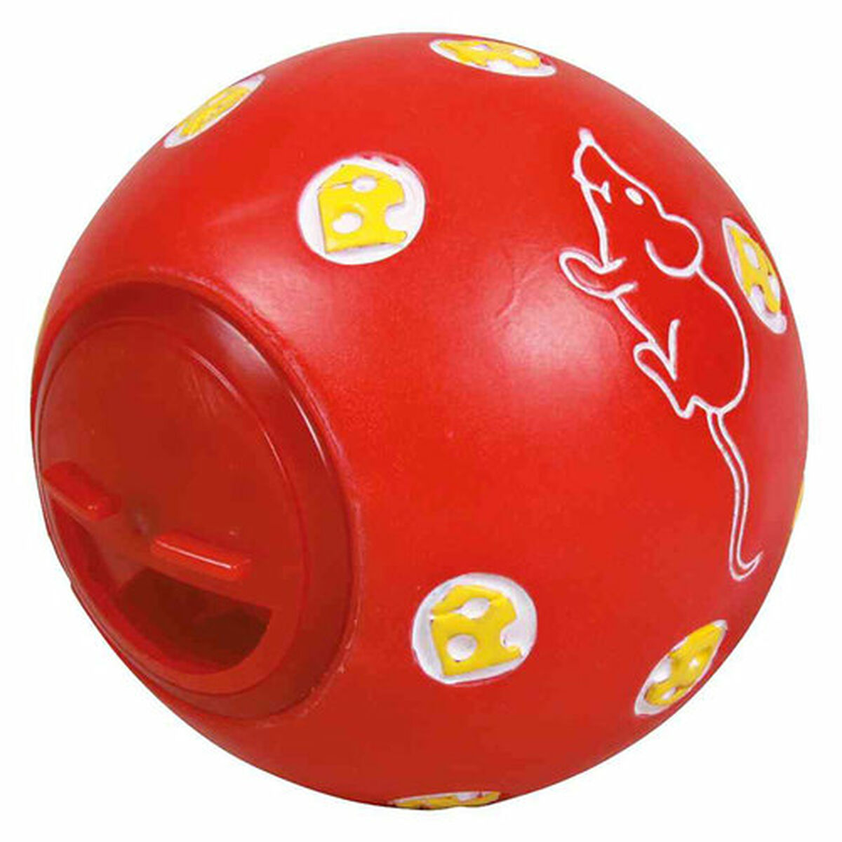 Ein roter Ball mit weißen käseförmigen Designs und einer weißen Mäuseillustration. Er hat eine rote Öffnung auf einer Seite.