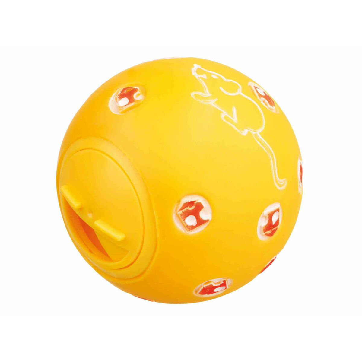 Ein gelber Ball mit weißer Mäusekontur und roten käseartigen Formen. Der Ball hat eine kreisförmige Öffnung.