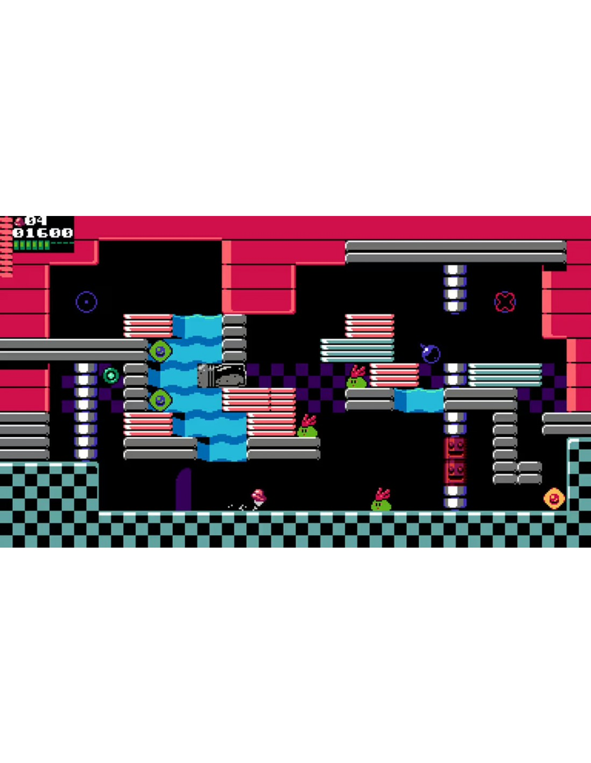 Una escena de videojuego pixelada con plataformas, agua y enemigos. Un personaje se mueve por el nivel.