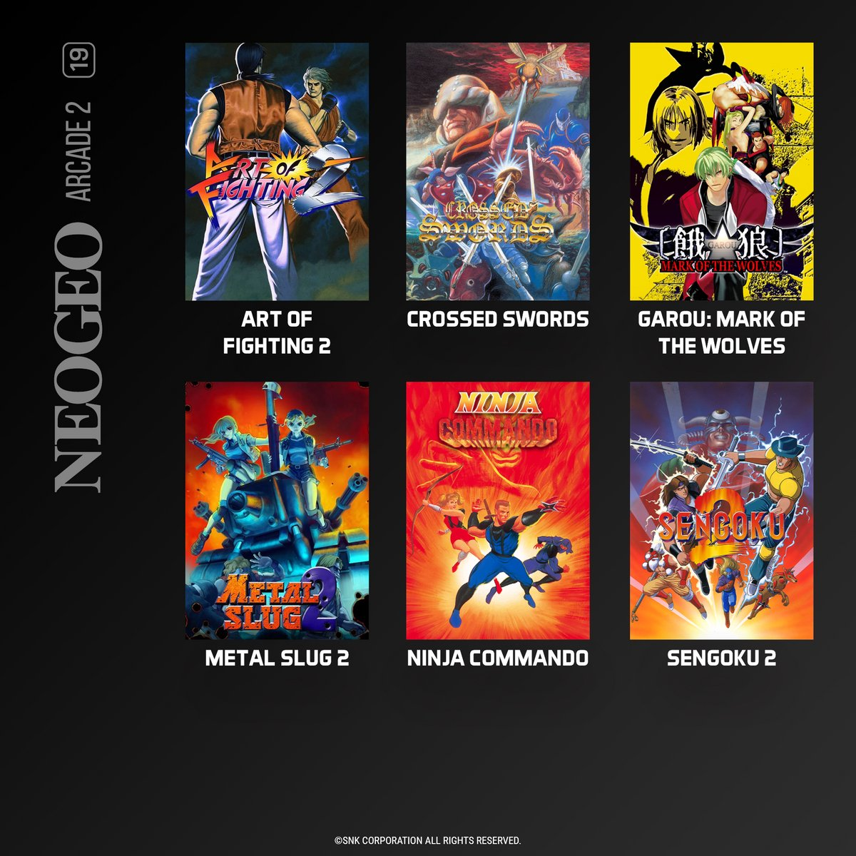 Kolekcja okładek gier zręcznościowych Neo Geo. Zawiera Art of Fighting 2, Crossed Swords, Garou: Mark of the Wolves, Metal Slug 2, Ninja Commando, Sengoku 2.