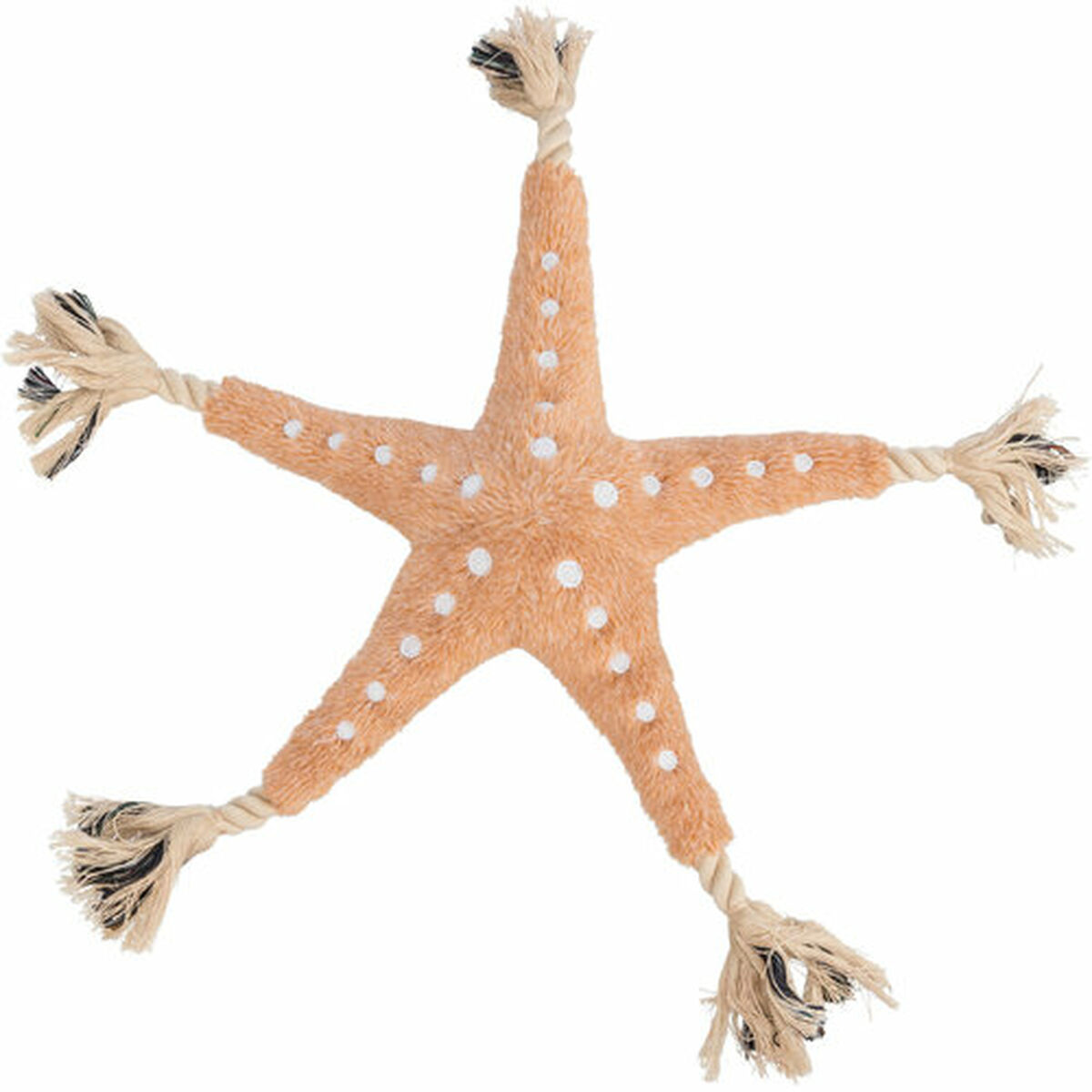 Un juguete para perros con forma de estrella de mar. Es de color melocotón con puntos blancos. Cuerda se extiende desde cada punto, terminando en nudos deshilachados. Fondo blanco.