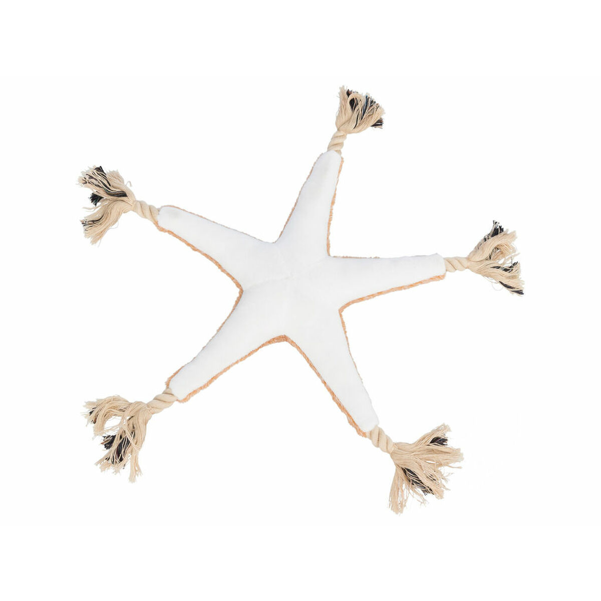 Un juguete para perros en forma de estrella de mar blanca con extremos de cuerda. El juguete tiene un borde marrón y borlas de cuerda beige en cada punta.