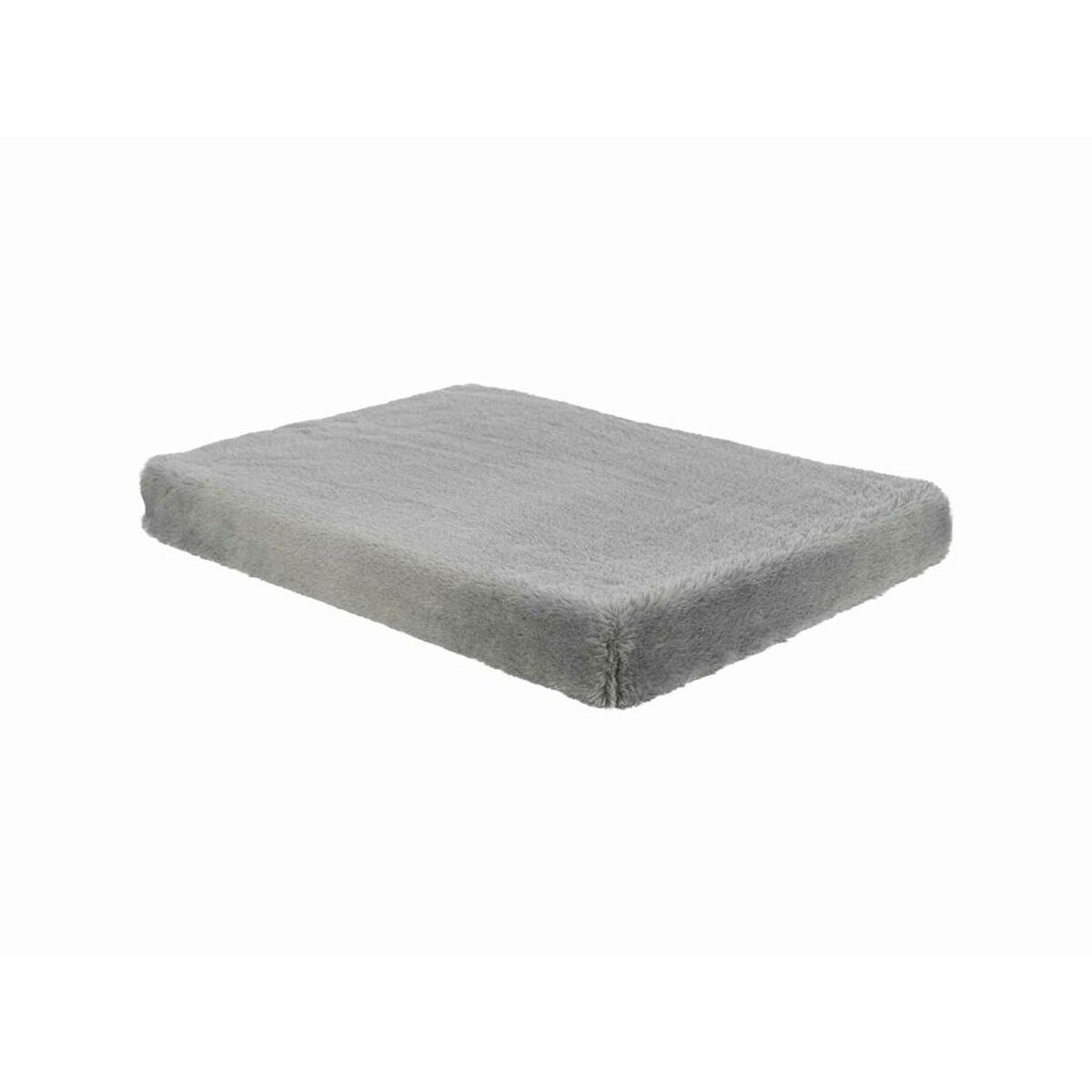 Un letto rettangolare grigio chiaro per animali domestici con una consistenza soffice, su sfondo bianco. Il letto è centrato.