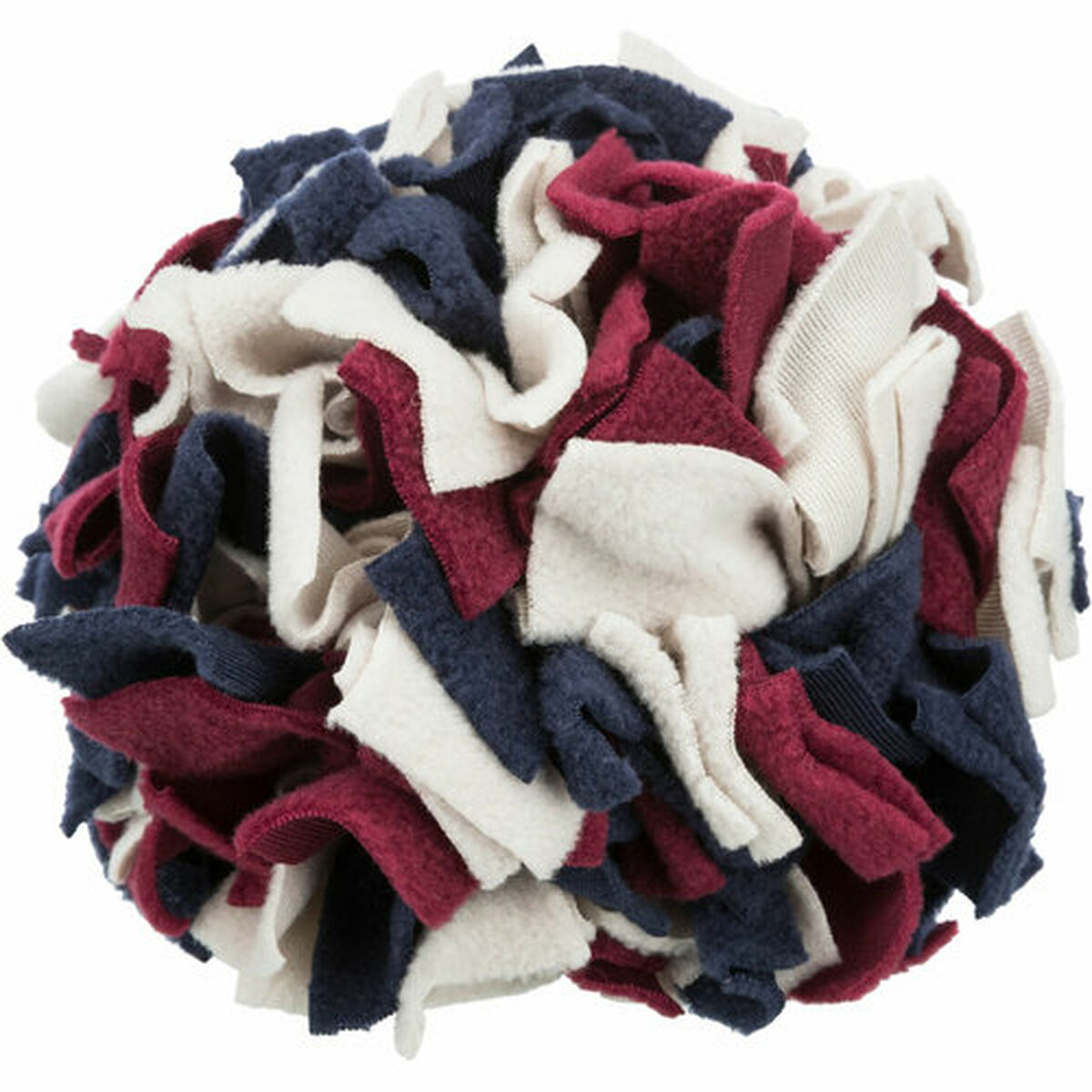 Una bola de retazos de tela en colores azul marino, borgoña y crema. Los retazos están superpuestos y enredados, creando una apariencia texturizada.