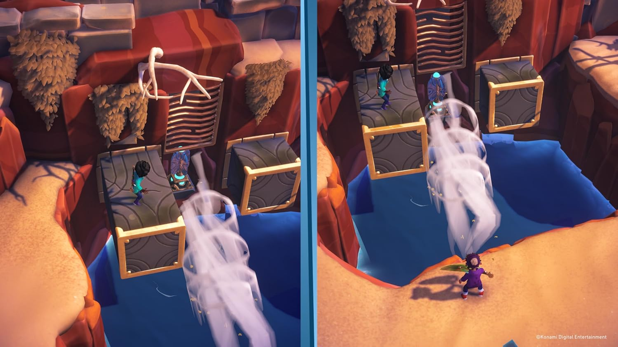 Una scena di gioco mostra personaggi su piattaforme, circondati da acqua e formazioni rocciose. Sono visibili effetti simili a fumo e movimenti dei personaggi.