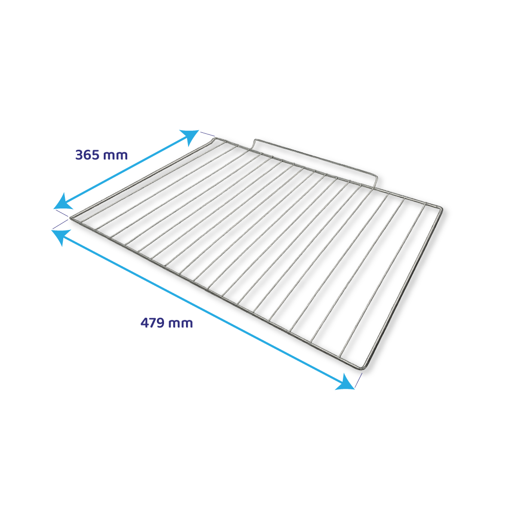 Una griglia per forno con dimensioni di 479 mm x 365 mm. La griglia è in metallo argentato e ha una forma rettangolare con barre verticali.