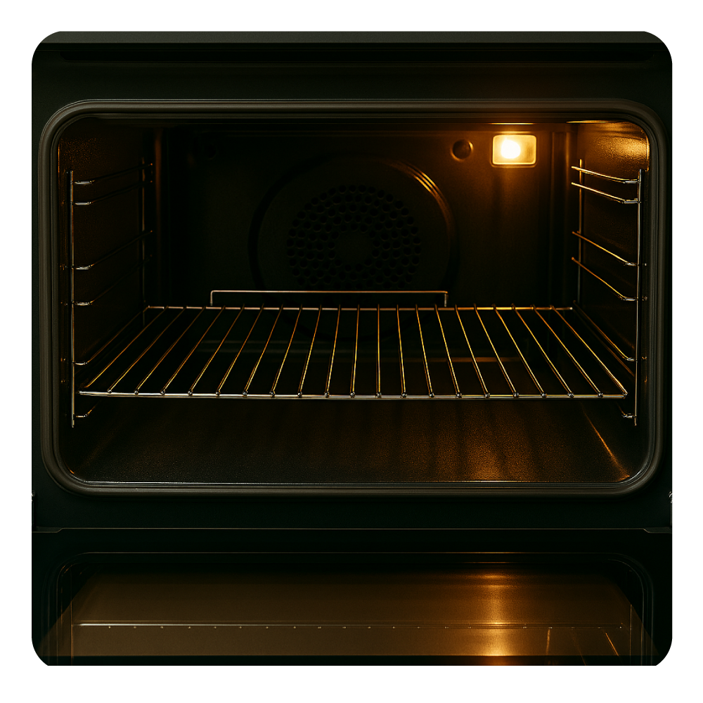 Interno di forno aperto con griglia. La luce del forno è accesa, illuminando l'interno. Interno nero con sfiato circolare.