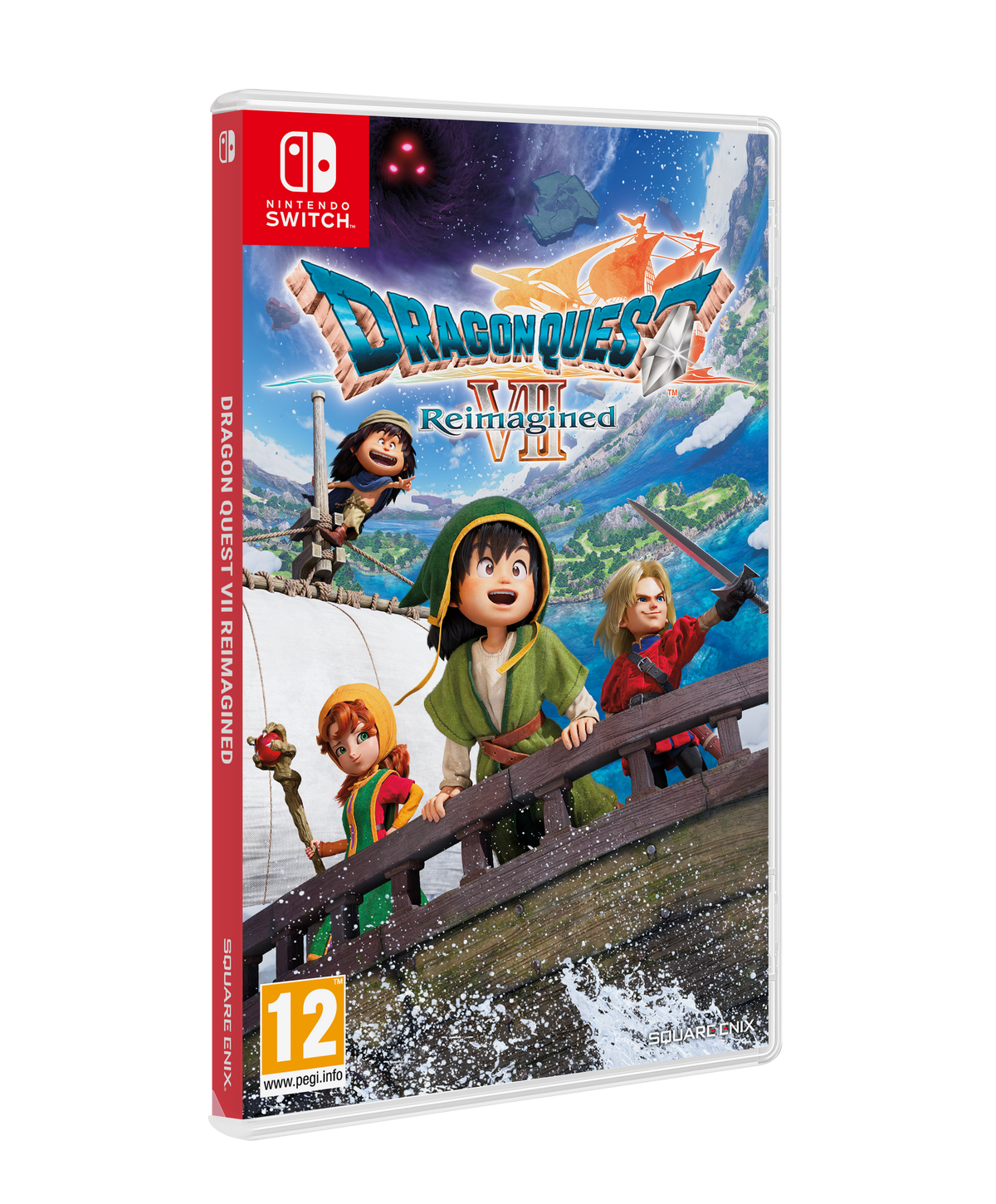 Copertina del gioco Dragon Quest VII Reimagined. Personaggi su una barca, cielo blu con una nave e il logo Nintendo Switch.