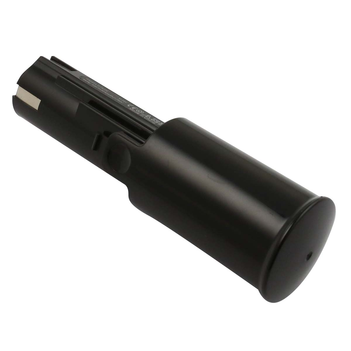 Una batteria nera per utensili elettrici. Ha un corpo cilindrico con una parte superiore piatta e un pulsante. Lo sfondo è bianco.