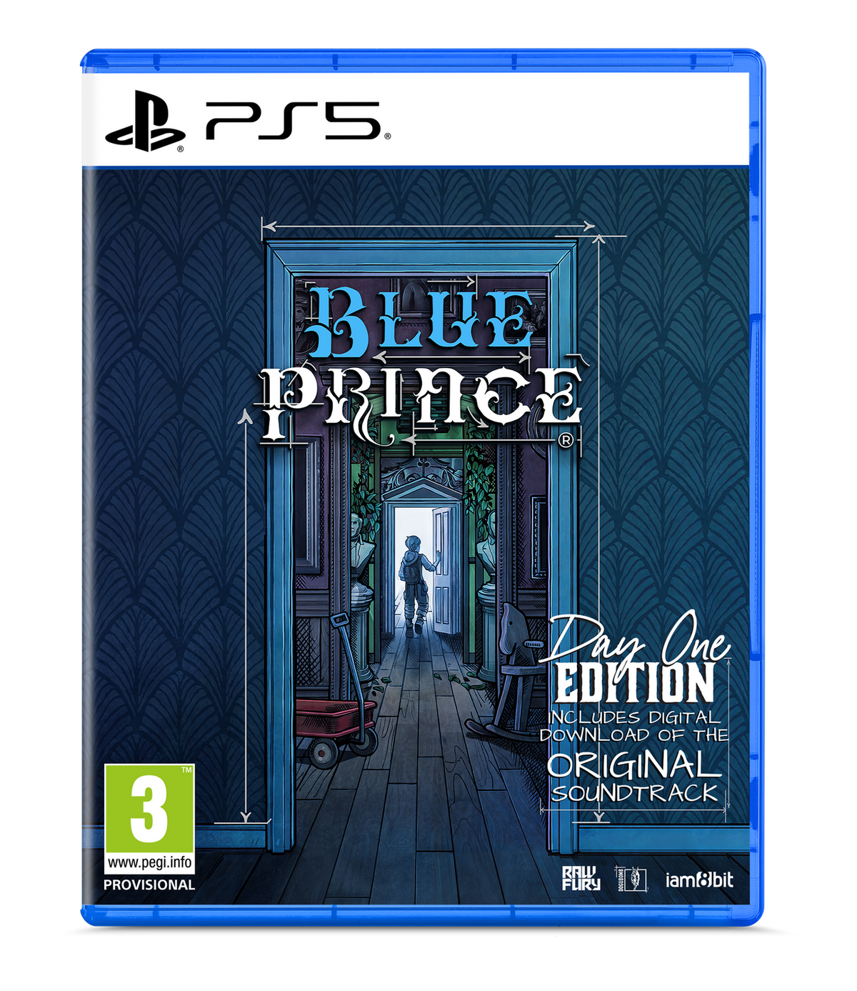 Caja de juego de PS5. Título: Blue Prince. Una persona en una puerta. Day One Edition. Incluye descarga de banda sonora.