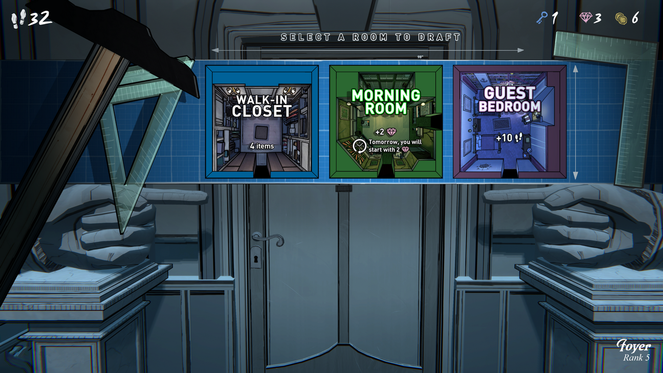Interfaz del juego que muestra la selección de habitaciones. Las opciones incluyen Vestidor, Sala de la Mañana y Dormitorio de invitados. Manos señalan las opciones.