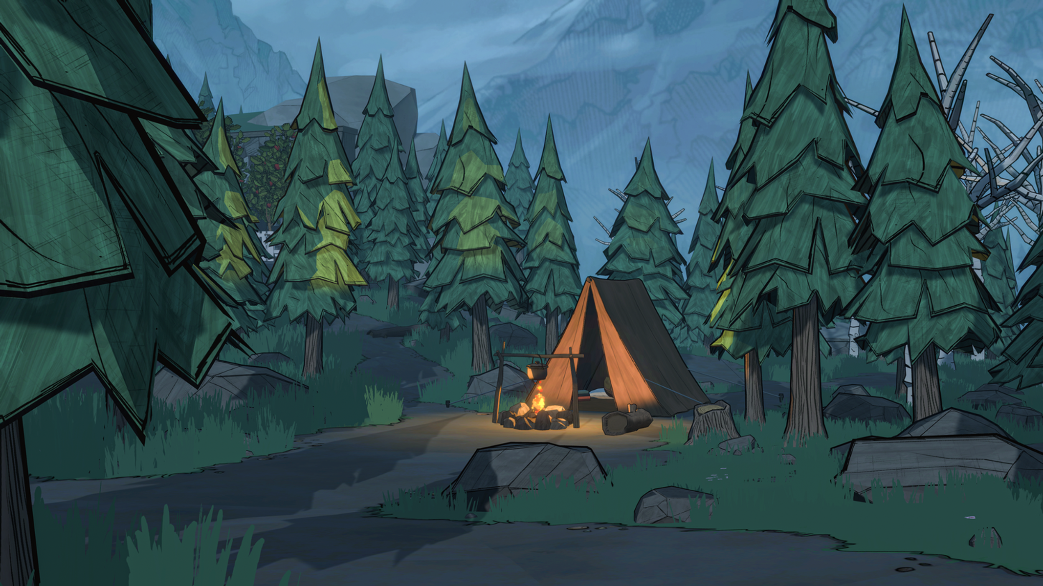 Un campamento en un bosque al anochecer. Una tienda de campaña está iluminada por un fuego, rodeada de árboles y rocas. Las montañas están al fondo.