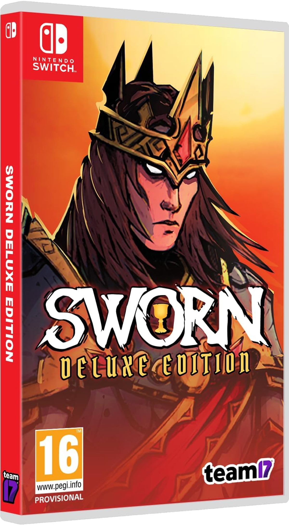 Arte de caja del juego 'Sworn Deluxe Edition' con una figura coronada, título en negrita y el logo de Nintendo Switch. Dominan los tonos rojos y dorados.