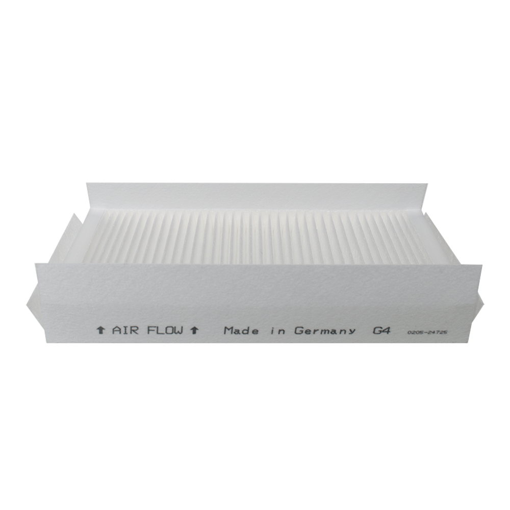 Un filtro dell'aria bianco con carta pieghettata all'interno. Il testo recita 'AIR FLOW' e 'Made in Germany'. Visibile anche G4, 0205-24725.