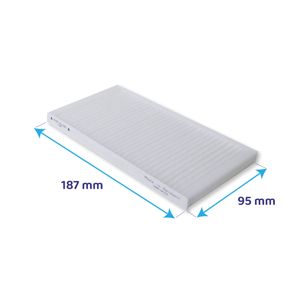 Ein rechteckiger weißer Luftfilter mit den Maßen 187 mm x 95 mm. Blaue Pfeile zeigen auf Messbeschriftungen. Der Filter hat eine gerippte Oberfläche.