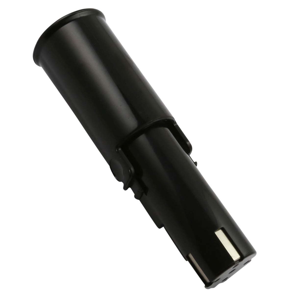 Un pacco batteria nero e cilindrico. Ha una parte superiore arrotondata e una base rettangolare. Una striscia bianca è visibile sulla base.