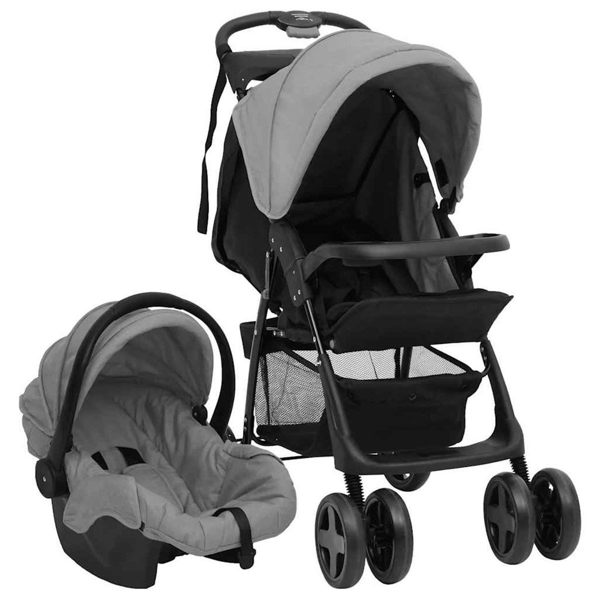 Ein grau-schwarzer Kinderwagen mit passendem Babysitz. Der Kinderwagen hat ein Verdeck, Stauraum und vier Räder.
